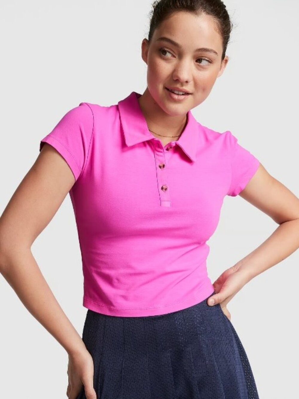 Victoria's Secret PINK Cotton Short-Sleeve Polo Crop Top Size Large Berry Pink